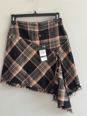 Threadbare Yana Plaid Asymmetrical Fringe Mini Skirt Gray XS US 4 NWT